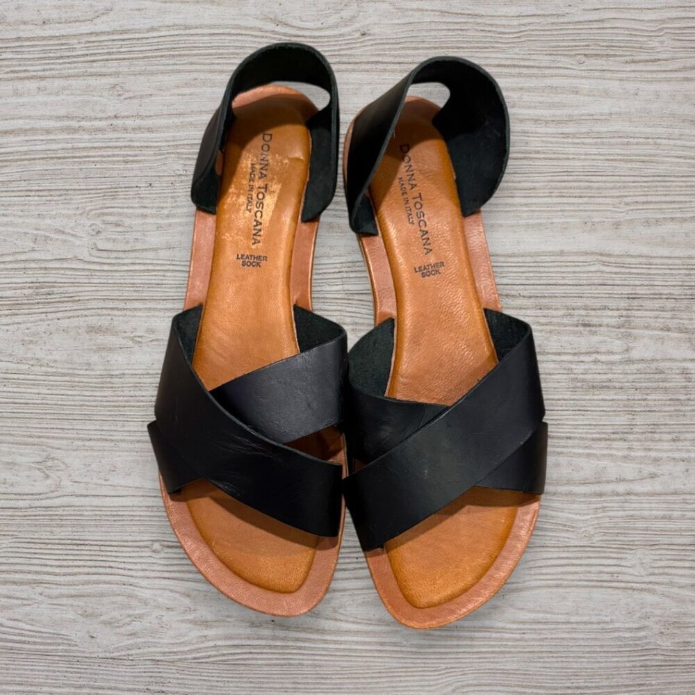 DONNA TOSCANA Black Italian Leather Flat Slip On Sandals 10.5